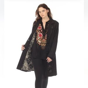Johnny Was Biya Black Floral Jacquard Beaded Lined Coat